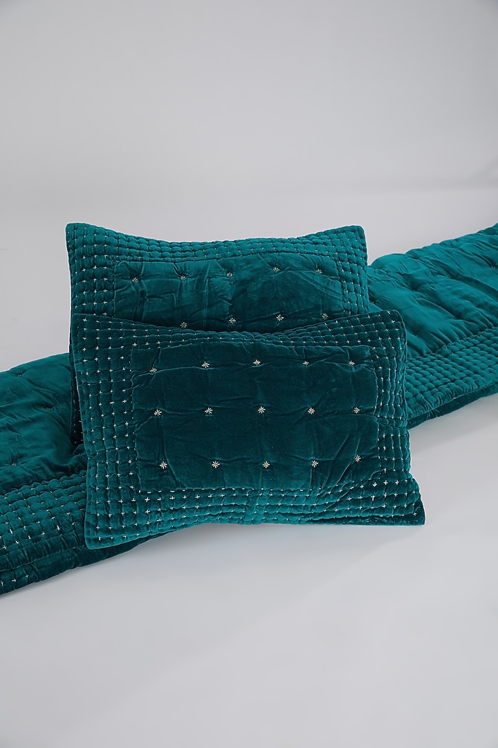 Sea Blue Velvet Cotton Kantha Embroidered Bedspread Set by Astam by Astam sutra at Pernia's Pop Up Shop