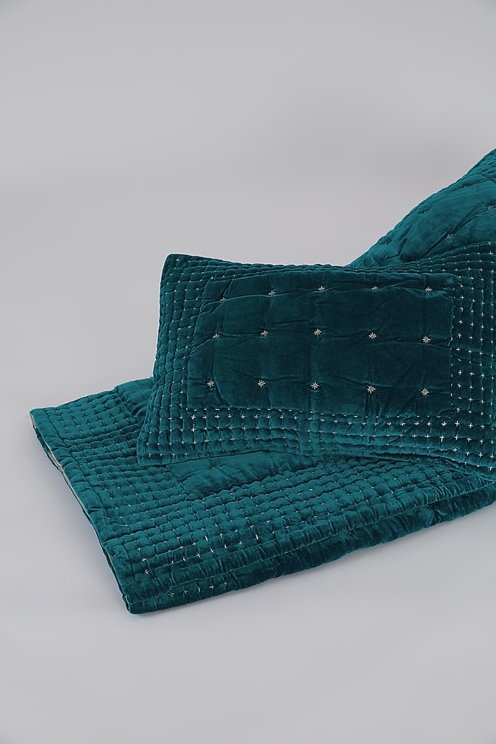 Sea Blue Velvet Cotton Kantha Embroidered Bedspread Set by Astam by Astam sutra at Pernia's Pop Up Shop