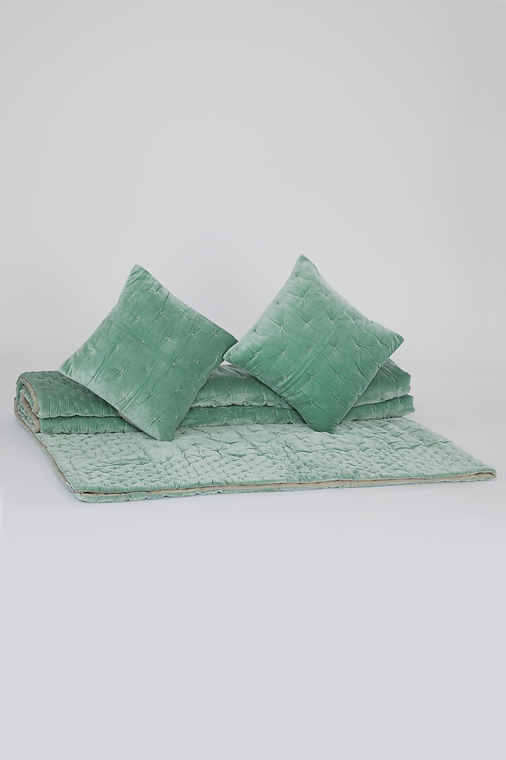 Green Velvet Cotton Quilted Bedspread Set (Set of 3) by Astam by Astam sutra