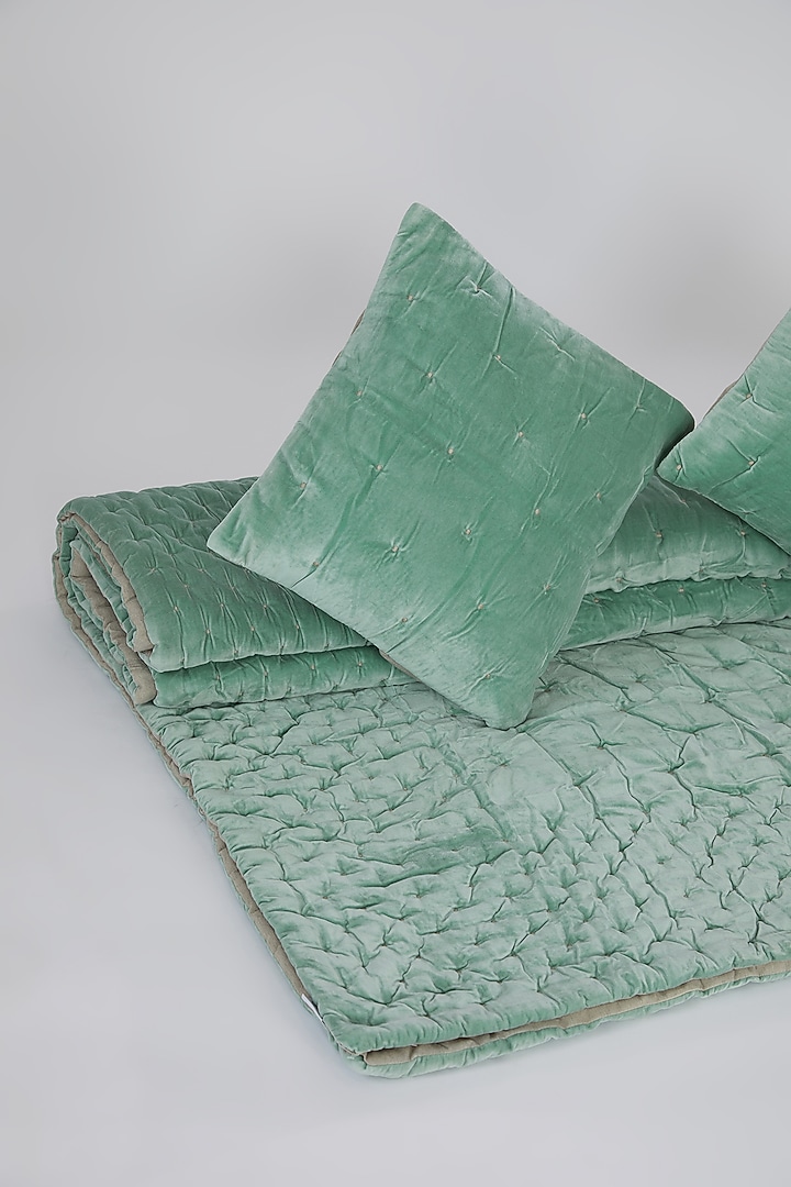 Green Velvet Cotton Quilted Bedspread Set (Set of 3) by Astam by Astam sutra at Pernia's Pop Up Shop