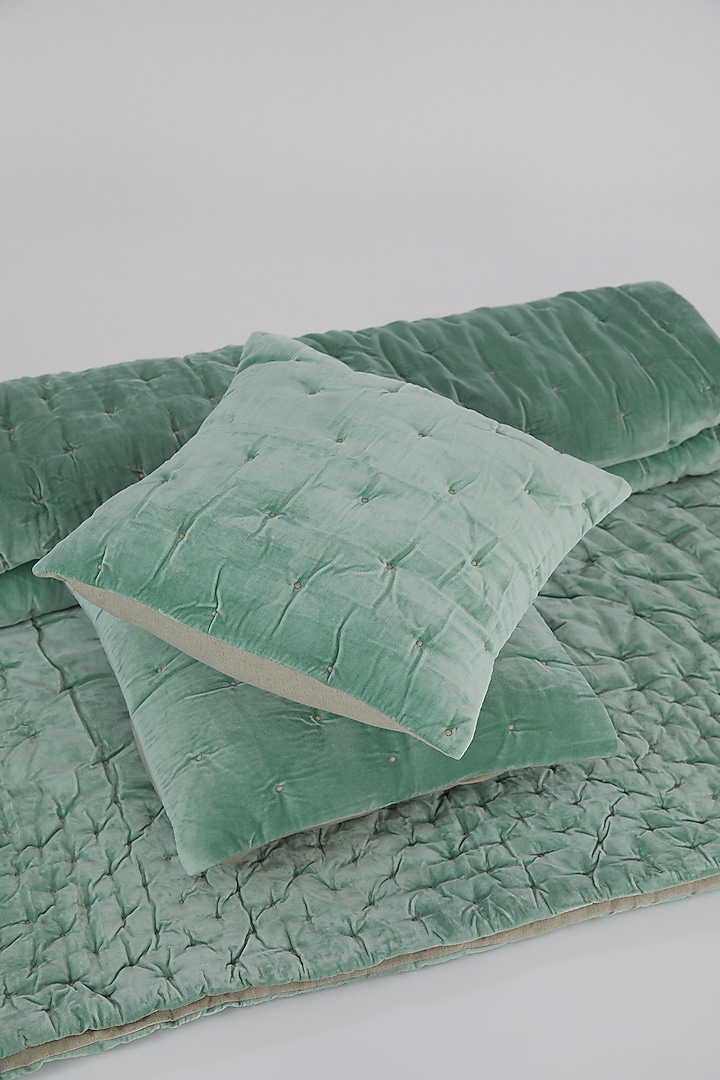 Green Velvet Cotton Quilted Bedspread Set (Set of 3) by Astam by Astam sutra at Pernia's Pop Up Shop