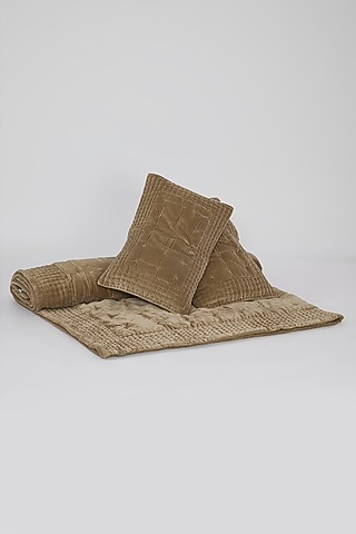 Mustard Velvet Cotton Kantha Embroidered Bedspread Set (Set of 3) by Astam by Astam sutra