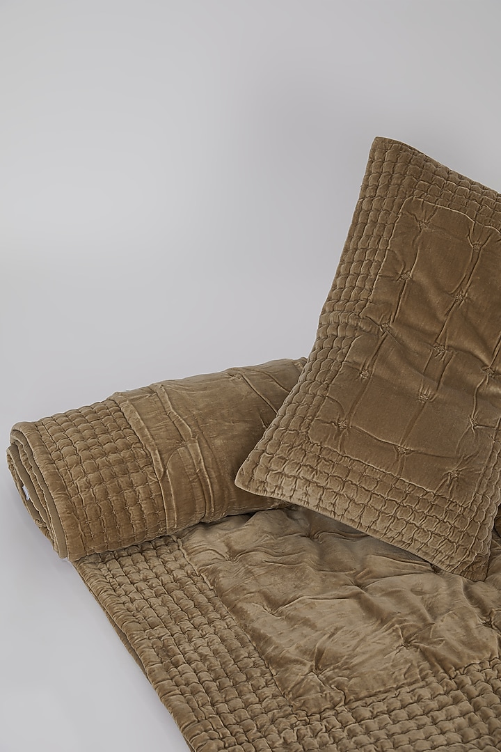 Mustard Velvet Cotton Kantha Embroidered Bedspread Set (Set of 3) by Astam by Astam sutra at Pernia's Pop Up Shop