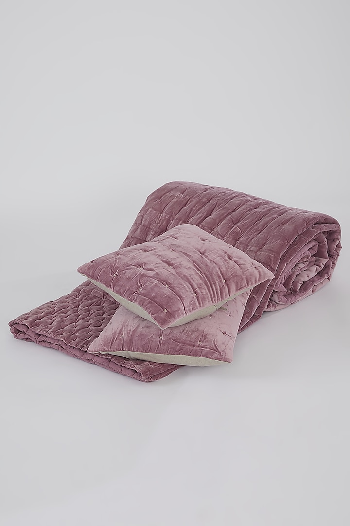 Pink Velvet Cotton Quilted Bedspread Set (Set of 3) by Astam by Astam sutra