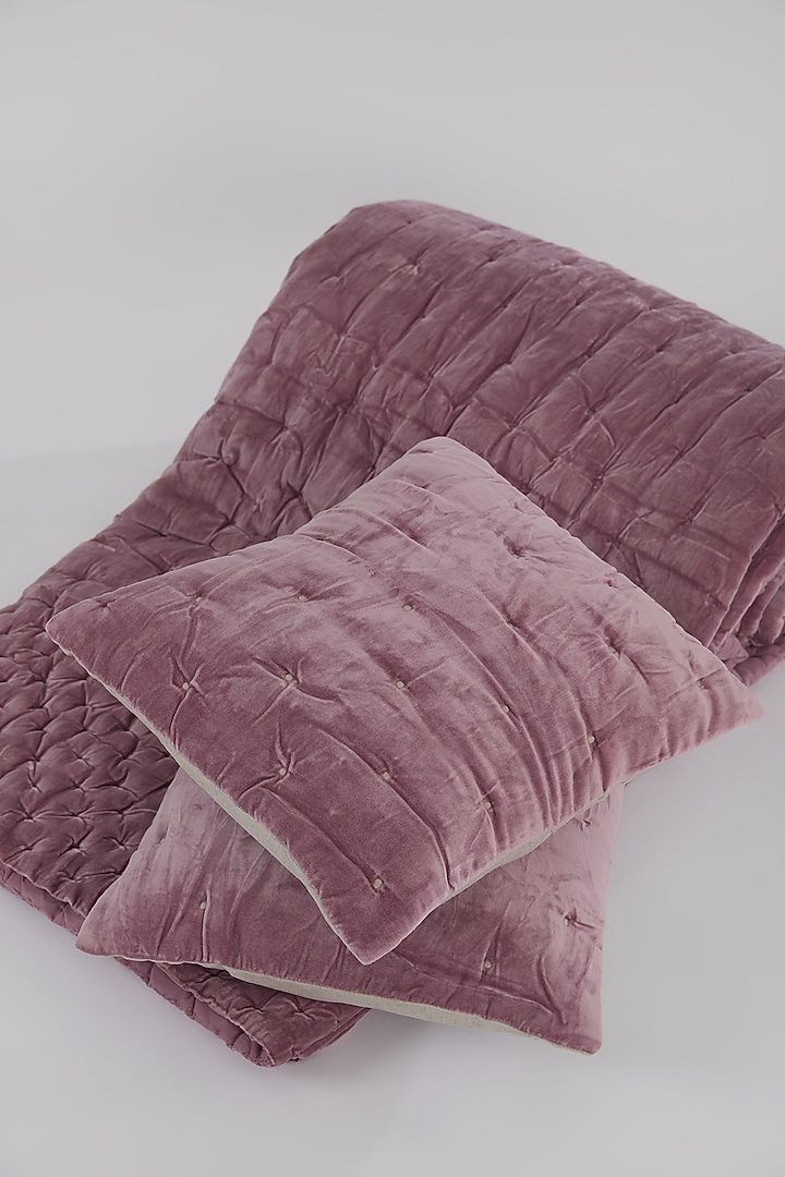 Pink Velvet Cotton Quilted Bedspread Set (Set of 3) by Astam by Astam sutra at Pernia's Pop Up Shop