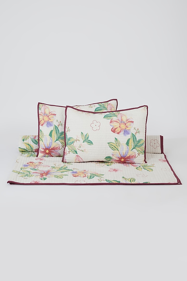 Multi-Colored Cotton Floral Screen Printed Bedcover Set (Set of 3) by Astam by Astam sutra