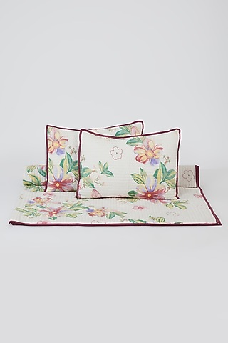 Multi-Colored Cotton Floral Screen Printed Bedcover Set (Set of 3) by Astam by Astam sutra