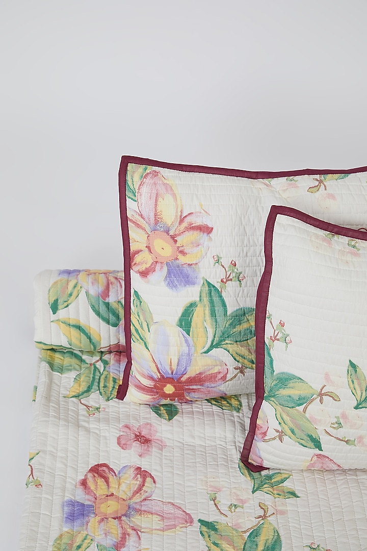 Multi-Colored Cotton Floral Screen Printed Bedcover Set (Set of 3) by Astam by Astam sutra at Pernia's Pop Up Shop