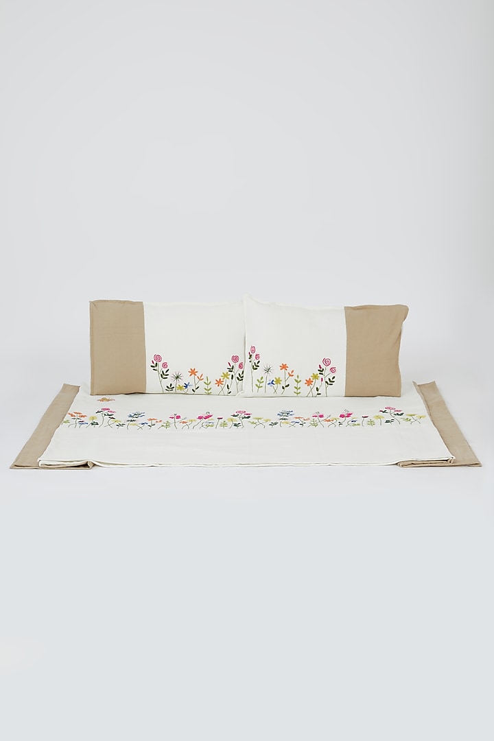 White & Beige Pure Cotton Floral Hand Embroidered Bedcover Set by Astam by Astam sutra