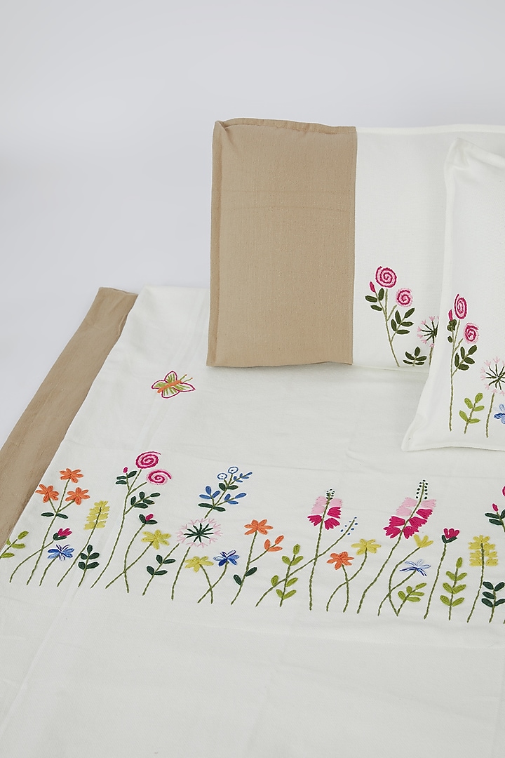 White & Beige Pure Cotton Floral Hand Embroidered Bedcover Set by Astam by Astam sutra at Pernia's Pop Up Shop