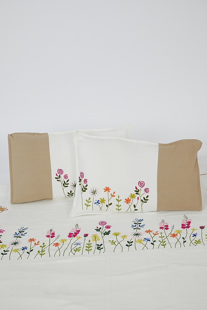 White & Beige Pure Cotton Floral Hand Embroidered Bedcover Set by Astam by Astam sutra at Pernia's Pop Up Shop