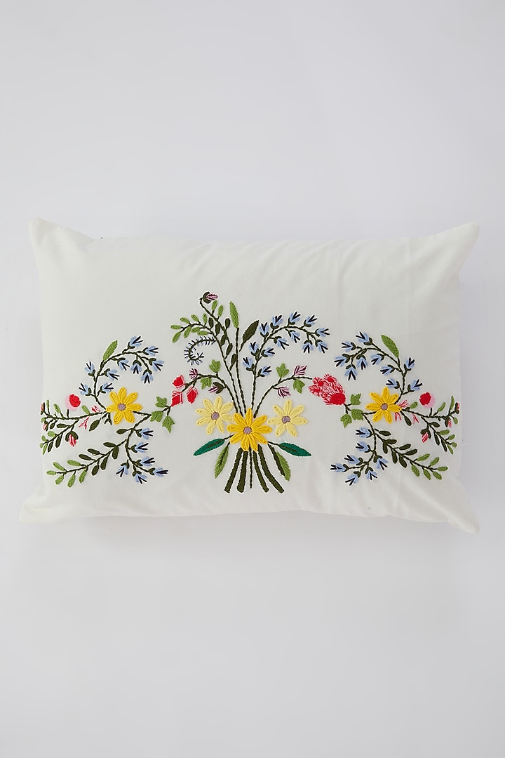 White Cotton Floral Hand Embroidered Cushion Cover by Astam by Astam sutra
