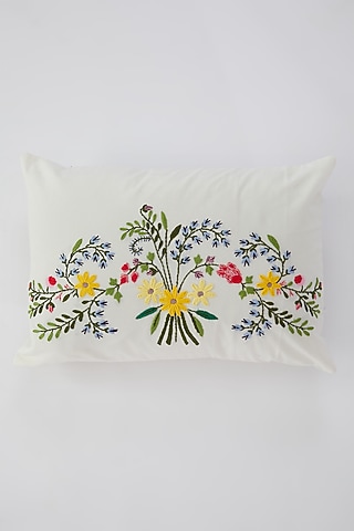 White Cotton Floral Hand Embroidered Cushion Cover by Astam by Astam sutra