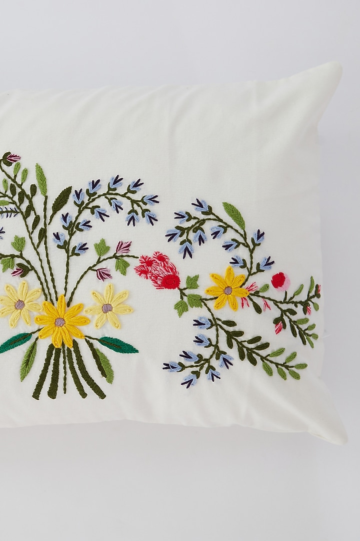 White Cotton Floral Hand Embroidered Cushion Cover by Astam by Astam sutra at Pernia's Pop Up Shop