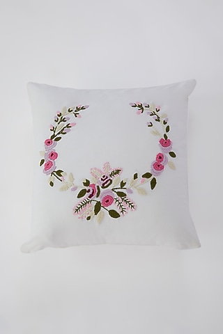 White Cotton Floral Hand Embroidered Cushion Cover by Astam by Astam sutra