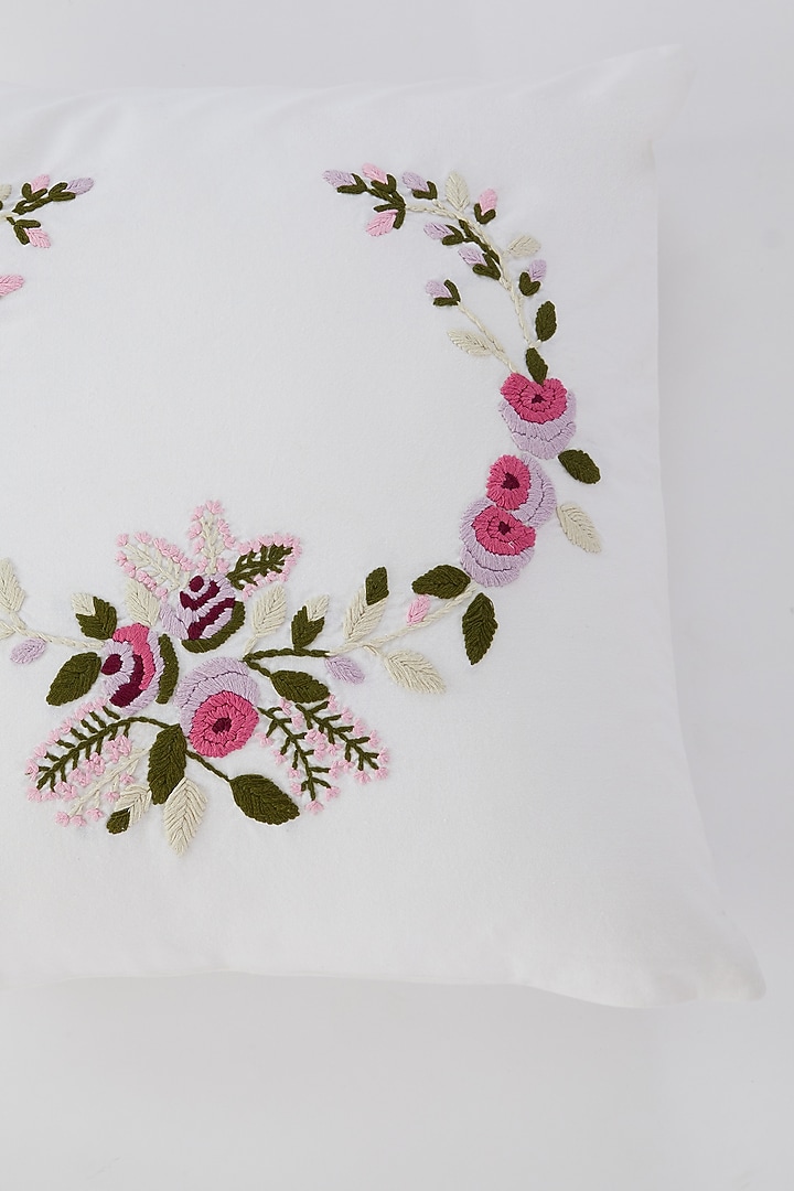 White Cotton Floral Hand Embroidered Cushion Cover by Astam by Astam sutra at Pernia's Pop Up Shop
