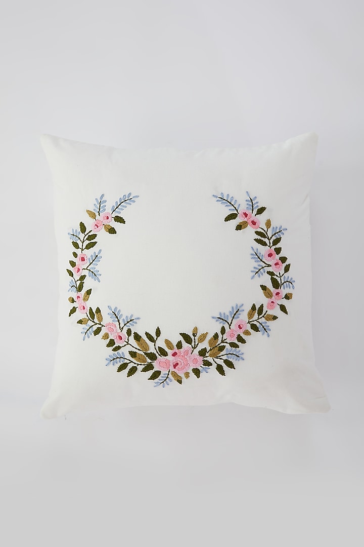 White Cotton Floral Hand Embroidered Cushion Cover by Astam by Astam sutra