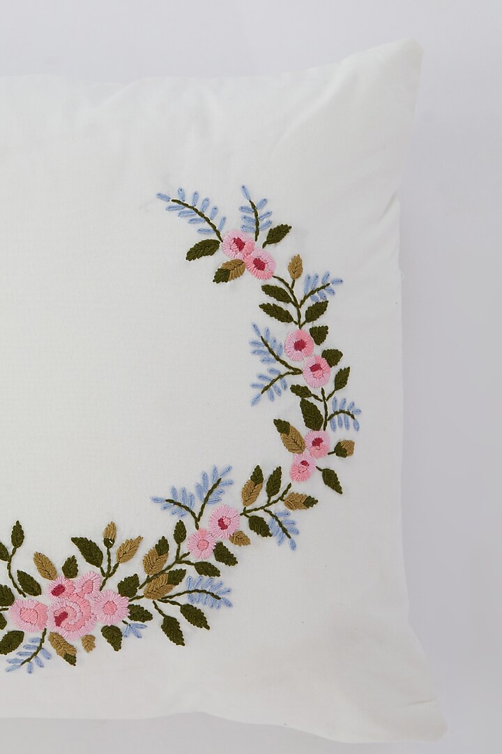 White Cotton Floral Hand Embroidered Cushion Cover by Astam by Astam sutra at Pernia's Pop Up Shop
