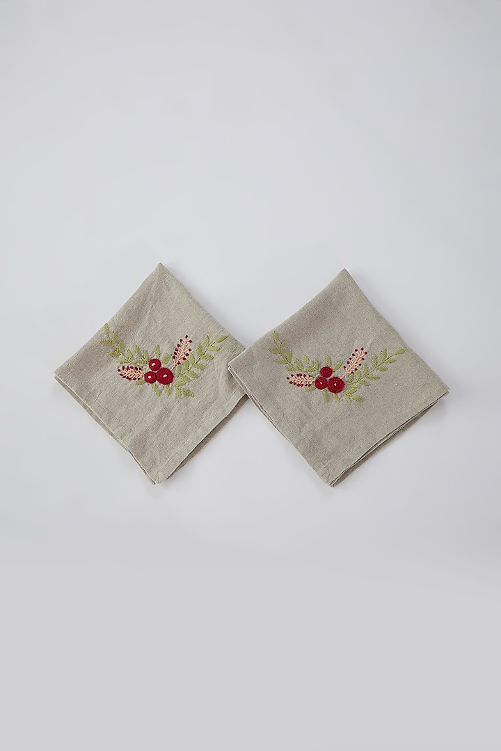 Grey Linen Floral Embroidered Handcrafted Dinner Napkins (Set of 2) by Astam by Astam sutra