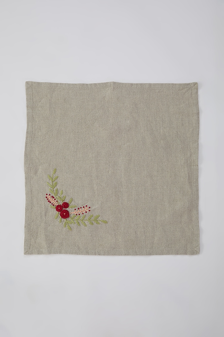 Grey Linen Floral Embroidered Handcrafted Dinner Napkins (Set of 2) by Astam by Astam sutra at Pernia's Pop Up Shop