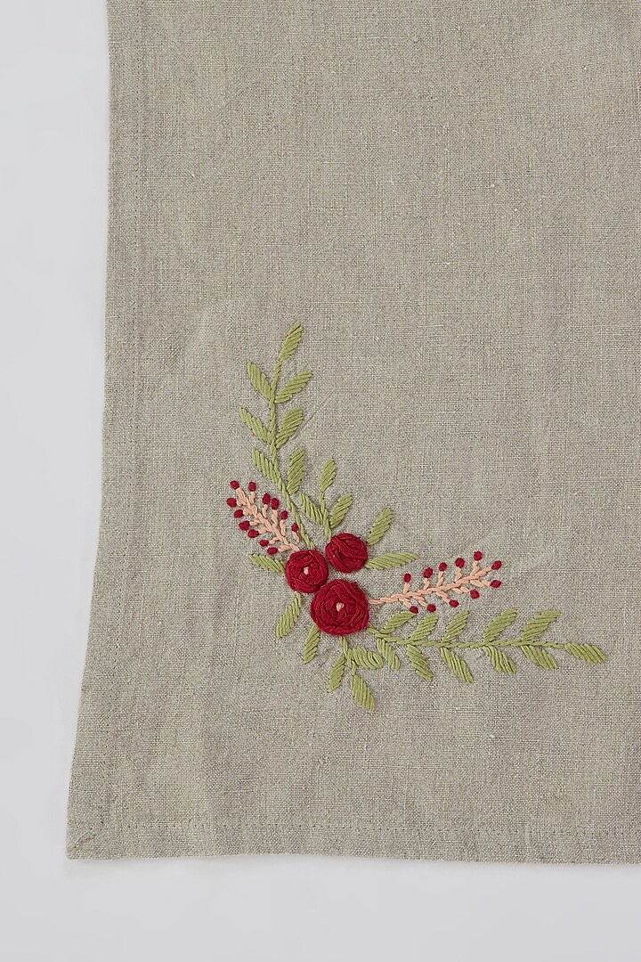 Grey Linen Floral Embroidered Handcrafted Dinner Napkins (Set of 2) by Astam by Astam sutra at Pernia's Pop Up Shop