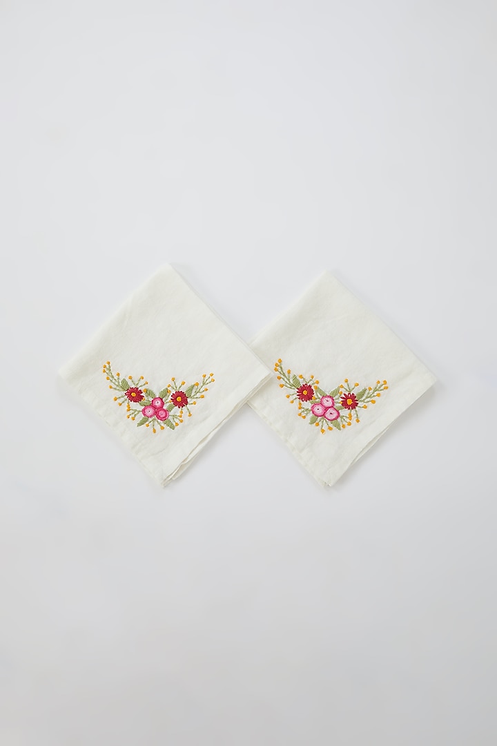 Off-White Linen Floral Hand Embroidered Napkins (Set of 2) by Astam by Astam sutra