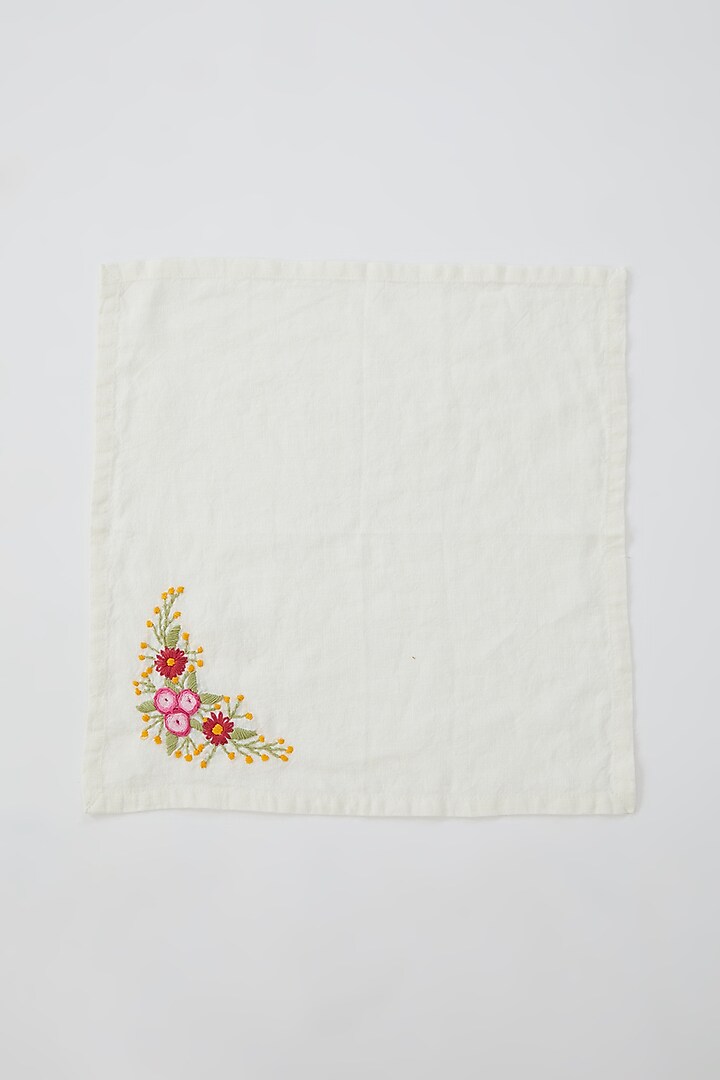 Off-White Linen Floral Hand Embroidered Napkins (Set of 2) by Astam by Astam sutra at Pernia's Pop Up Shop