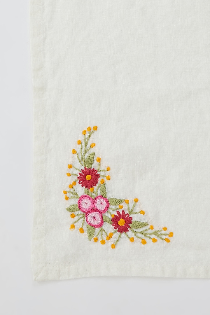 Off-White Linen Floral Hand Embroidered Napkins (Set of 2) by Astam by Astam sutra at Pernia's Pop Up Shop