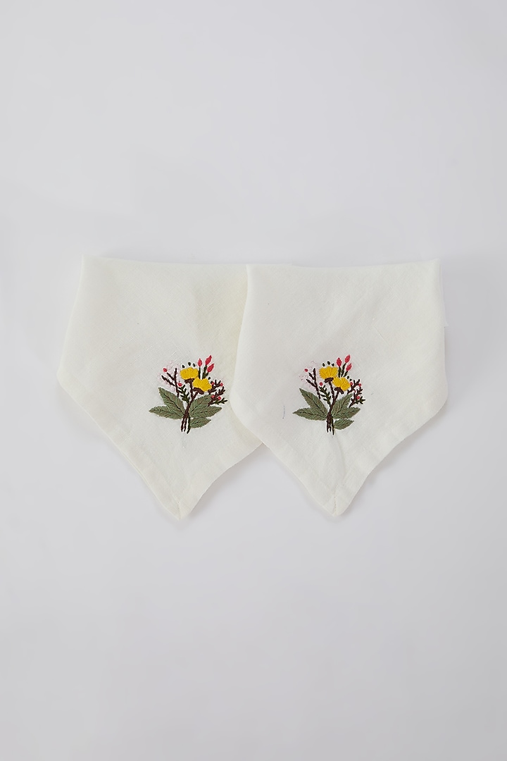 Off-White Linen Floral Embroidered Handcrafted Dinner Napkins (Set of 2) by Astam by Astam sutra