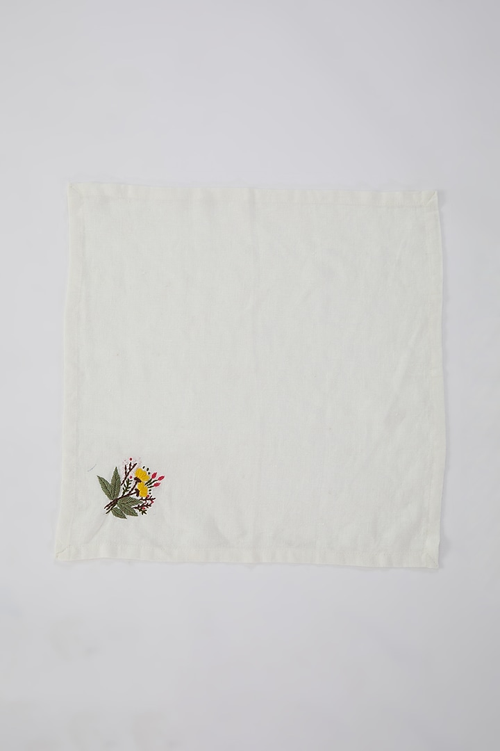 Off-White Linen Floral Embroidered Handcrafted Dinner Napkins (Set of 2) by Astam by Astam sutra at Pernia's Pop Up Shop