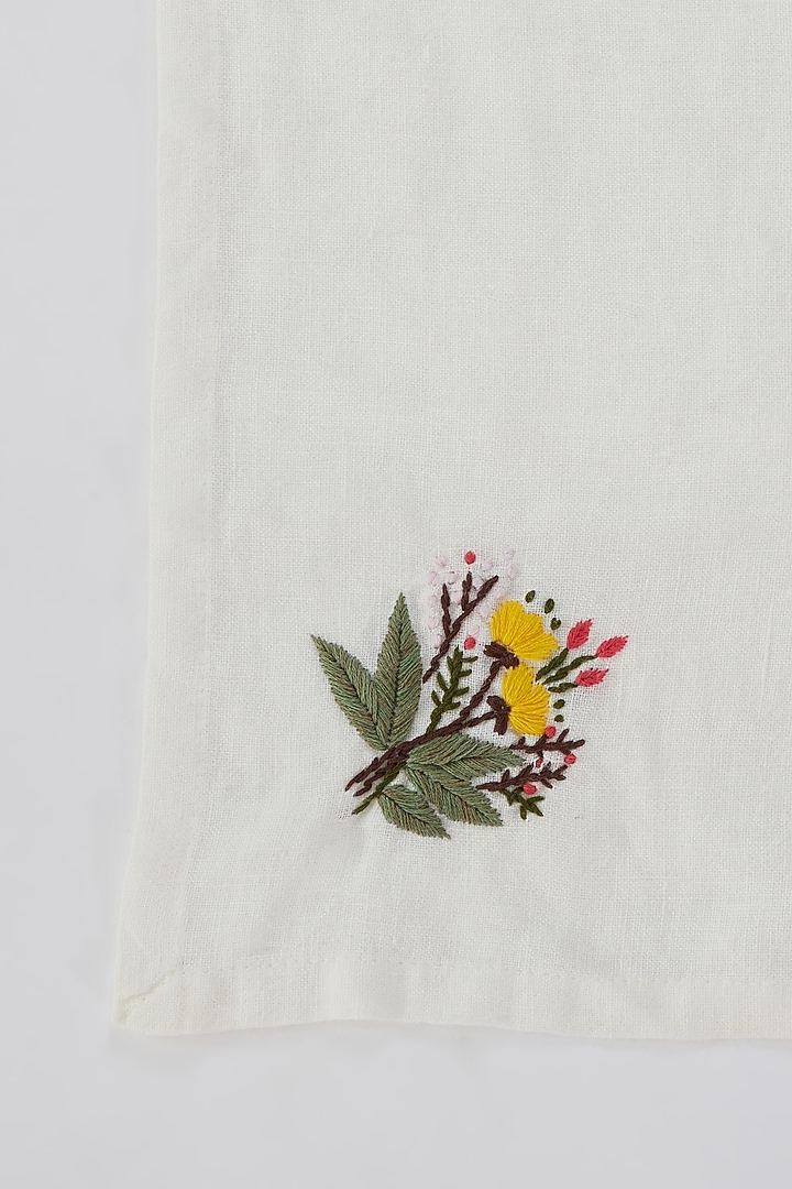 Off-White Linen Floral Embroidered Handcrafted Dinner Napkins (Set of 2) by Astam by Astam sutra at Pernia's Pop Up Shop