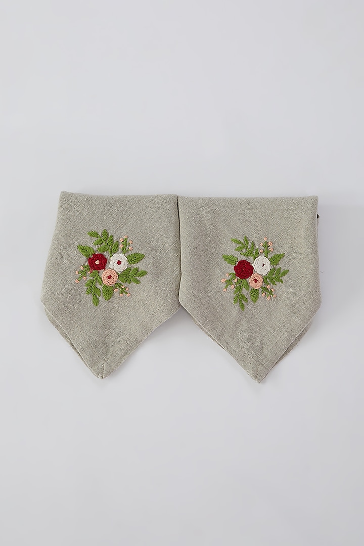 Grey Linen Floral Embroidered Handcrafted Dinner Napkins (Set of 2) by Astam by Astam sutra