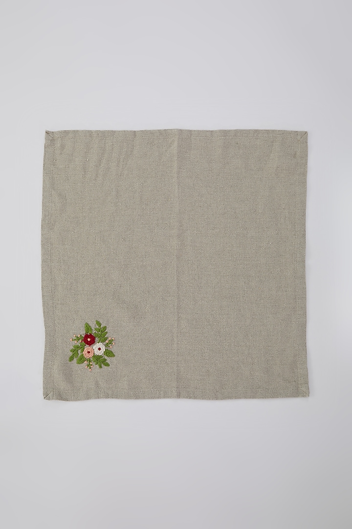 Grey Linen Floral Embroidered Handcrafted Dinner Napkins (Set of 2) by Astam by Astam sutra at Pernia's Pop Up Shop