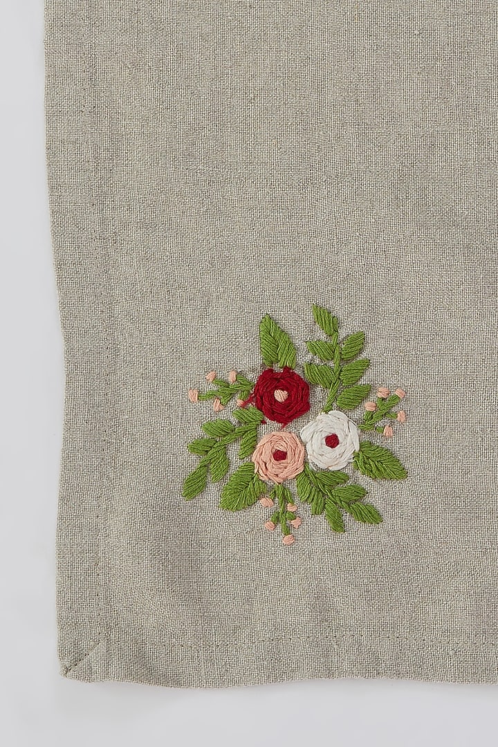 Grey Linen Floral Embroidered Handcrafted Dinner Napkins (Set of 2) by Astam by Astam sutra at Pernia's Pop Up Shop