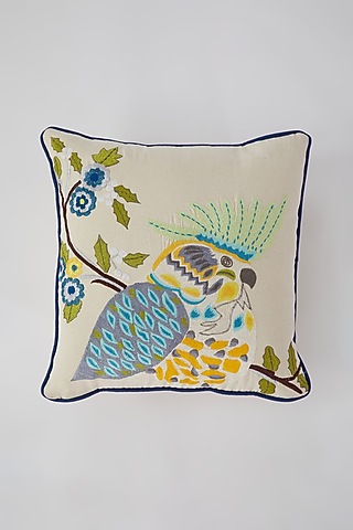 White Cotton Bird Machine Embroidered Cushion Cover by Astam by Astam sutra