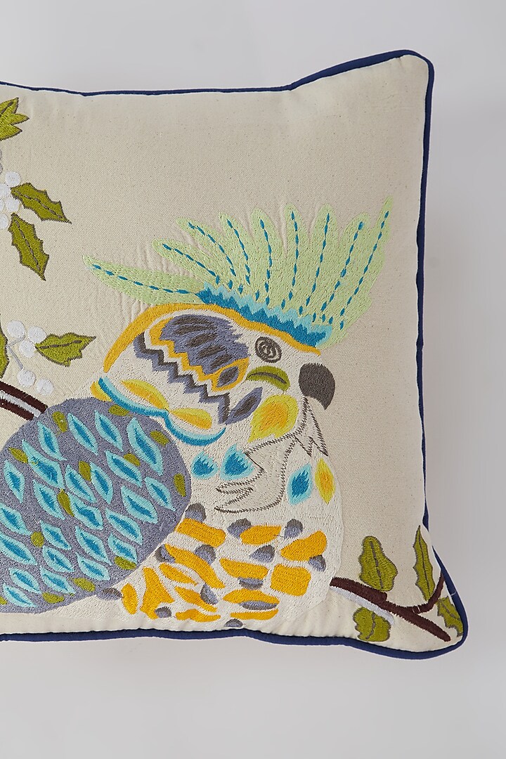 White Cotton Bird Machine Embroidered Cushion Cover by Astam by Astam sutra at Pernia's Pop Up Shop