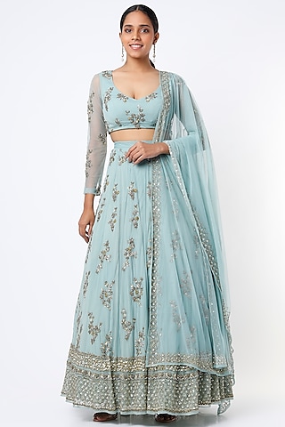 Aqua Green Net Sequins Embroidered Lehenga Set by Astha Narang