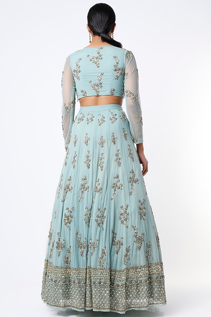 Aqua Green Net Sequins Embroidered Wedding Lehenga Set by Astha Narang at Pernia's Pop Up Shop