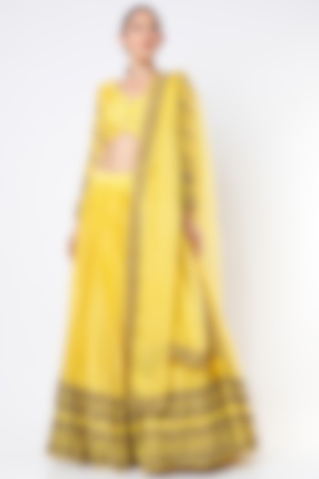 Yellow Chanderi & Chiffon Embroidered Lehenga Set by Astha Narang