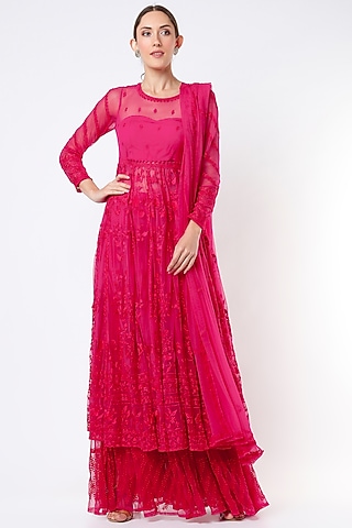 Hot Pink Anarkali Set With Thread Work by Astha Narang