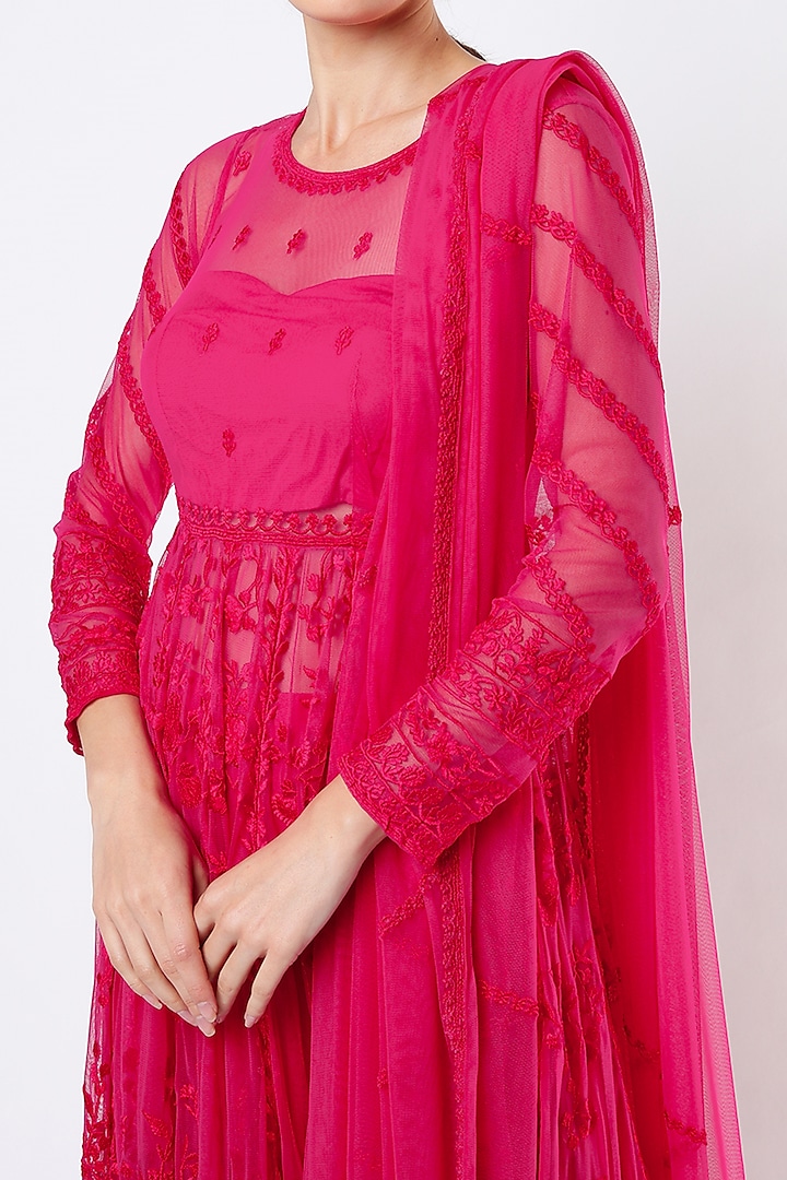 Hot Pink Bridal Anarkali Set With Thread Work by Astha Narang at Pernia's Pop Up Shop