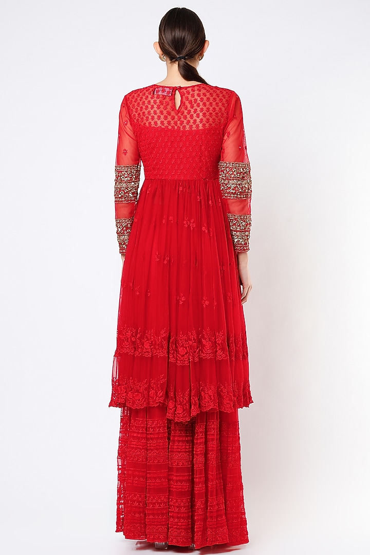 Red Embroidered Jacket Wedding Anarkali Set by Astha Narang at Pernia's Pop Up Shop
