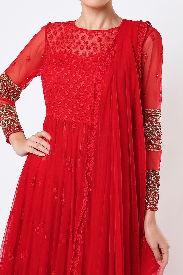 Red Embroidered Jacket Wedding Anarkali Set by Astha Narang at Pernia's Pop Up Shop