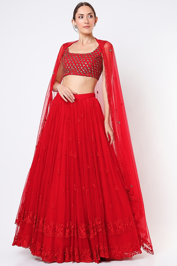 Red Net & Crepe Thread Embroidered Wedding Lehenga Set by Astha Narang at Pernia's Pop Up Shop