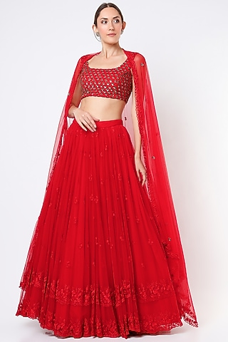 Red Net & Crepe Thread Embroidered Lehenga Set by Astha Narang