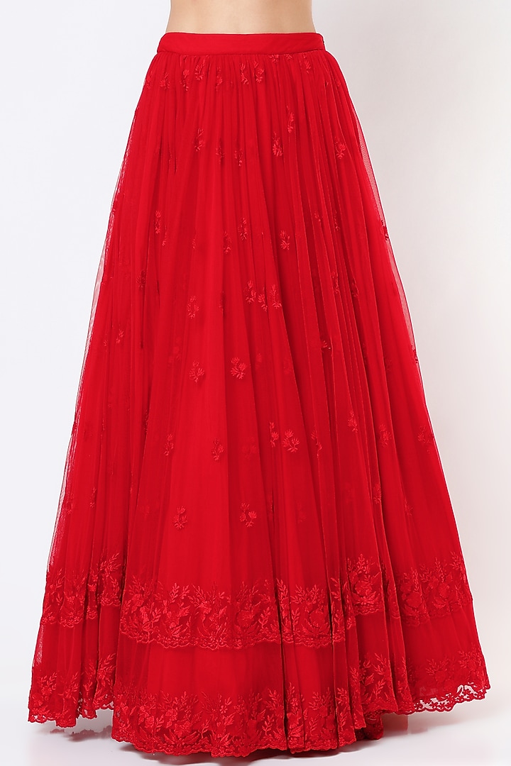 Red Net & Crepe Thread Embroidered Wedding Lehenga Set by Astha Narang at Pernia's Pop Up Shop