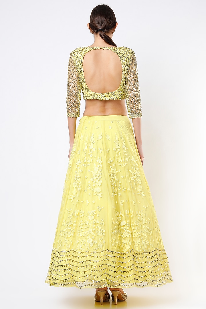 Yellow Crepe & Net Thread Embroidered Wedding Lehenga Set by Astha Narang at Pernia's Pop Up Shop