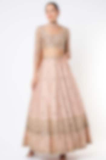 Peach Raw Silk & Crepe Jaal Embroidered Wedding Lehenga Set by Astha Narang at Pernia's Pop Up Shop