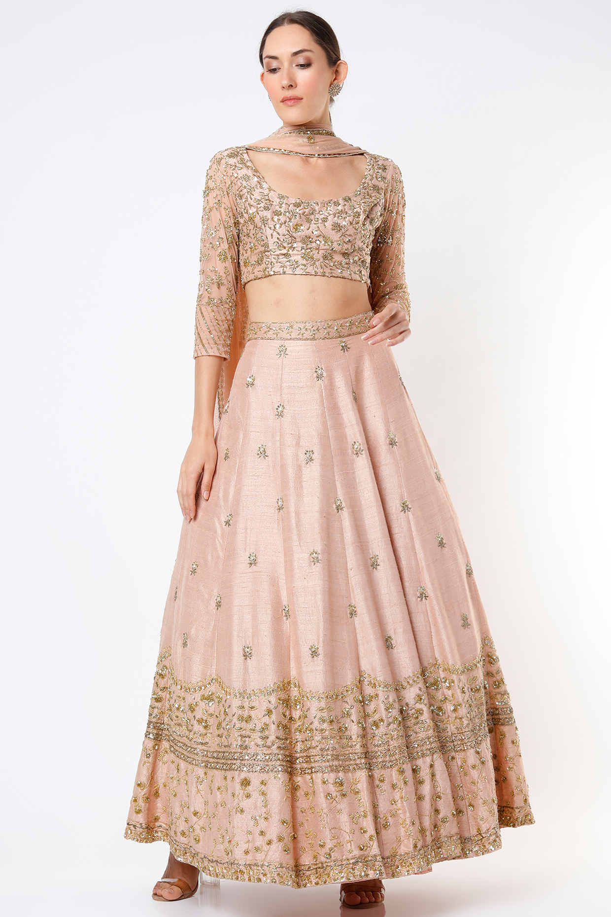 Peach Raw Silk & Crepe Jaal Embroidered Wedding Lehenga Set by Astha Narang at Pernia's Pop Up Shop