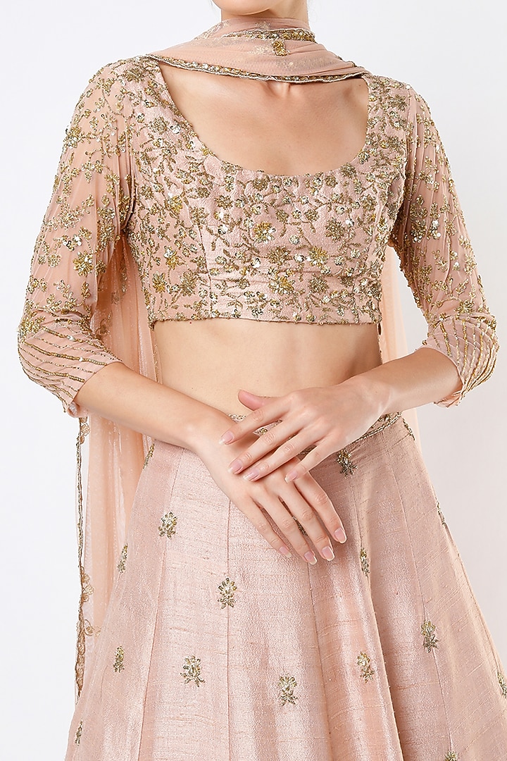 Peach Raw Silk & Crepe Jaal Embroidered Bridal Lehenga Set by Astha Narang at Pernia's Pop Up Shop